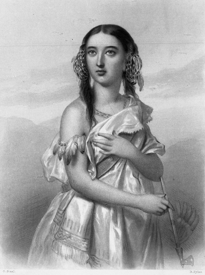 Pocahontas. By Charles Staal, engraved by B. Eyles. From Mary
                                Cowden Clarke, 
                                    World-Noted Women.