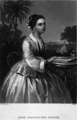 Ann Hasseltine Judson by J. B. Wandesforde, engraved by F.
                                Halpin. From D.W. Clarke, 
                                    Portraits of Celebrated
                                Women.